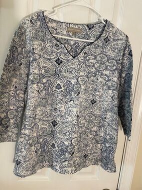 Allyson Whitmore Blue Print 3/4 Sleeve Cotton Span Stretch Knit Top L